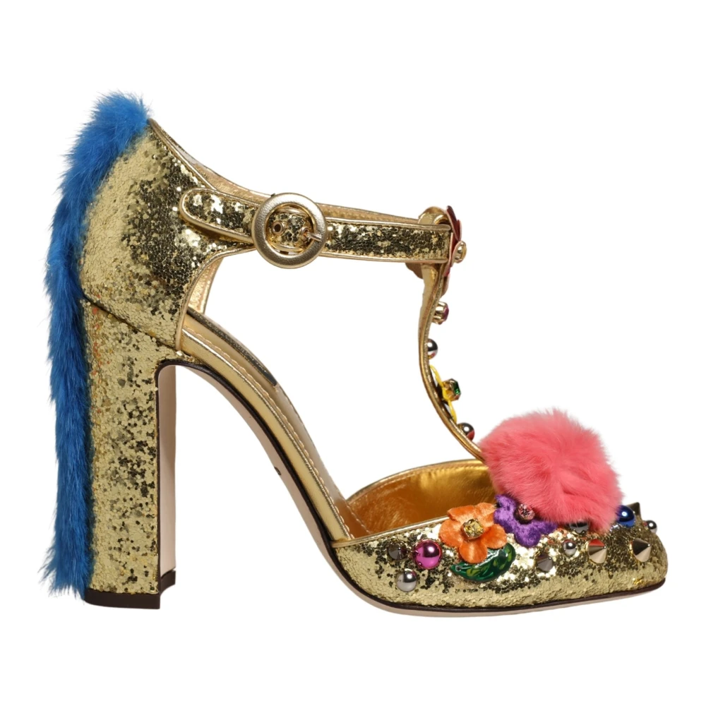 Dolce & Gabbana Multicolor Vally Fur-Trim T-Strap Sandals - Female - Pumps - 5 Uk - Shoes