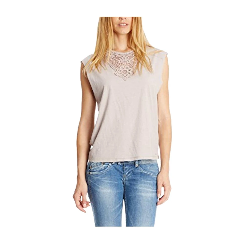 Pepe Jeans Women's Beige Sleeveless Tops, Xs, Embroidered Sleeveless Regular Fit Top