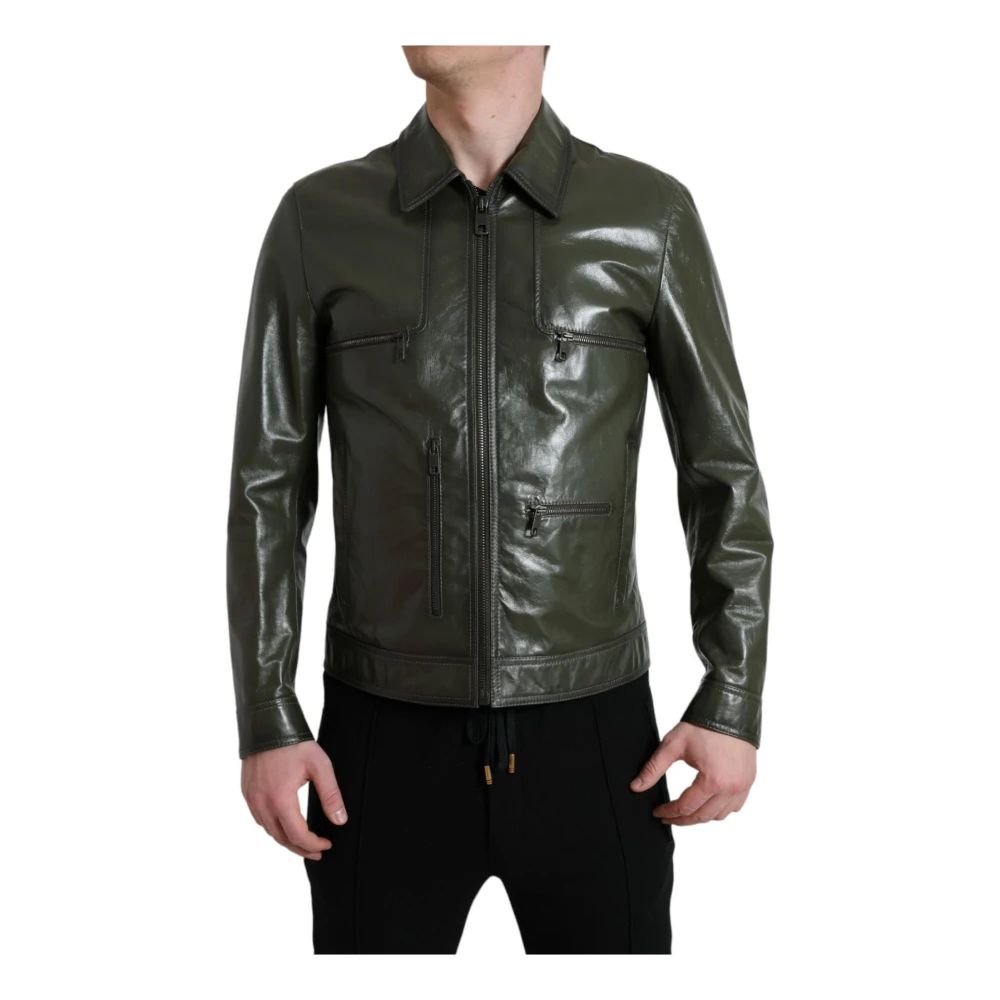 Dolce & Gabbana Men's Green Leather Collared Biker Jacket