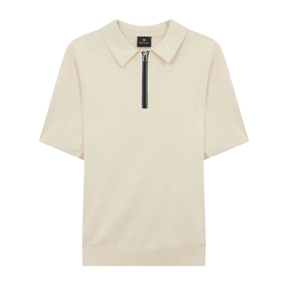 Paul Smith Men's Beige Zip Neck Knitted Cotton Polo - Round-Neck Knitwear - M - Knitwear