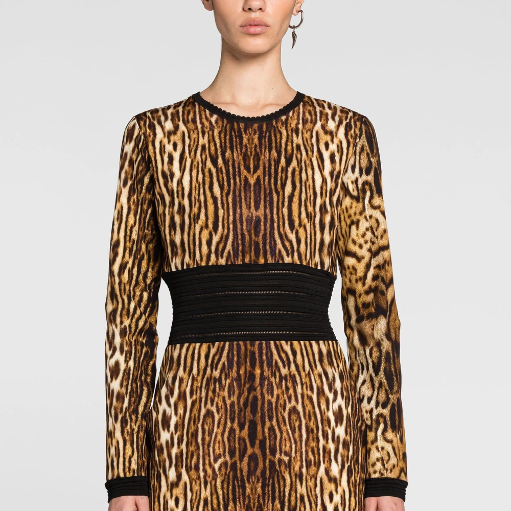 Roberto Cavalli Ocelot-Print Mini Jurk met Gehaakte Randen Brown Dames