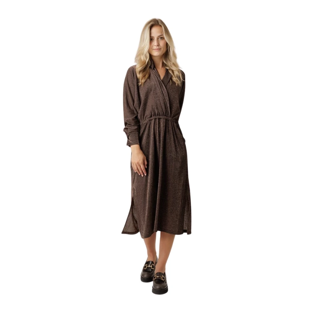 Momoni Chique Lurex Jurk met Revers Kraag Brown Dames