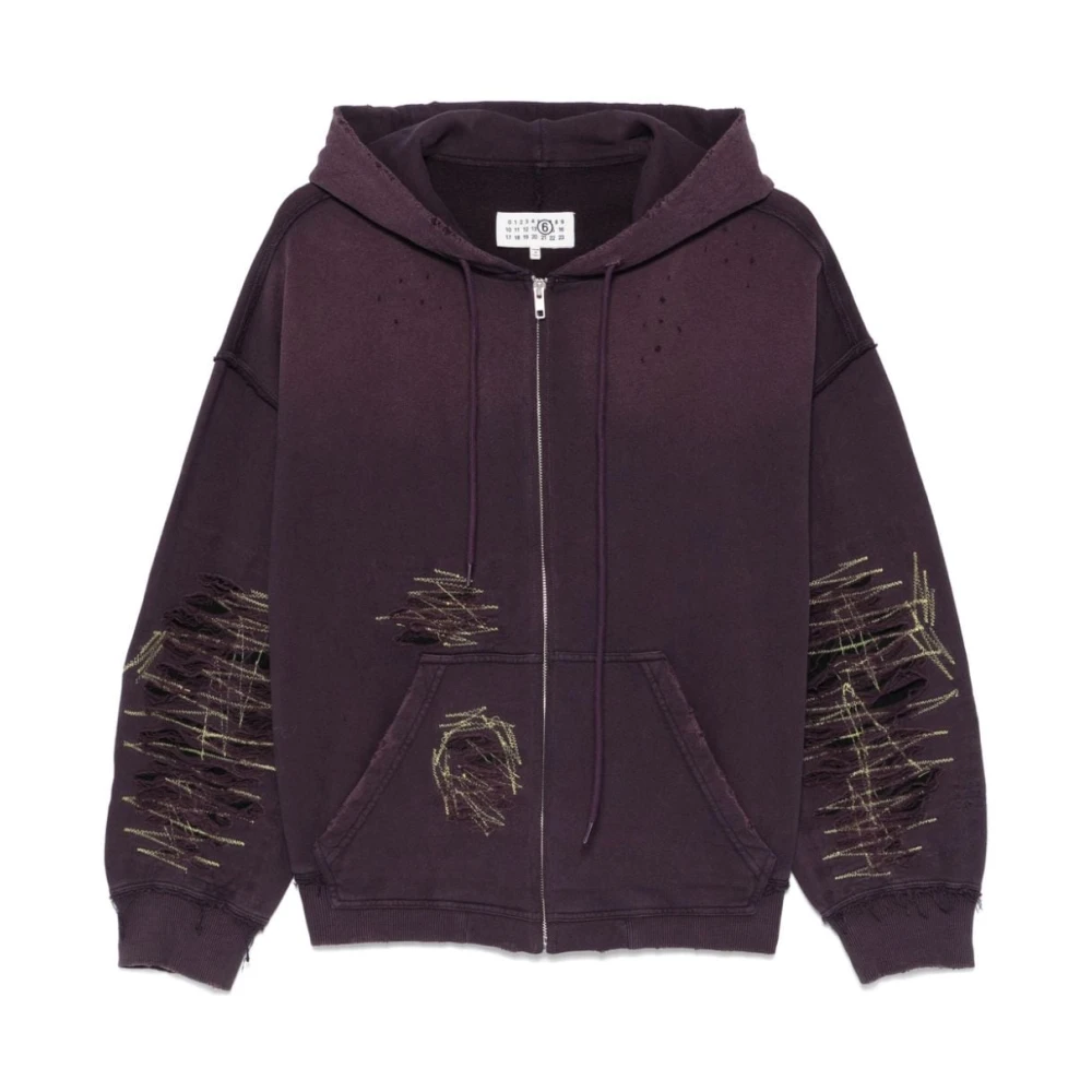 MM6 Maison Margiela Hooded Zip-Up Sweatshirt met Distressed Look Purple Dames