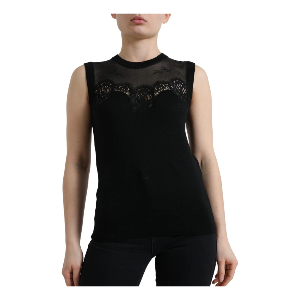 Dolce & Gabbana Women's Black Sleeveless Tops, 2XS, Lace Trim Tank Top