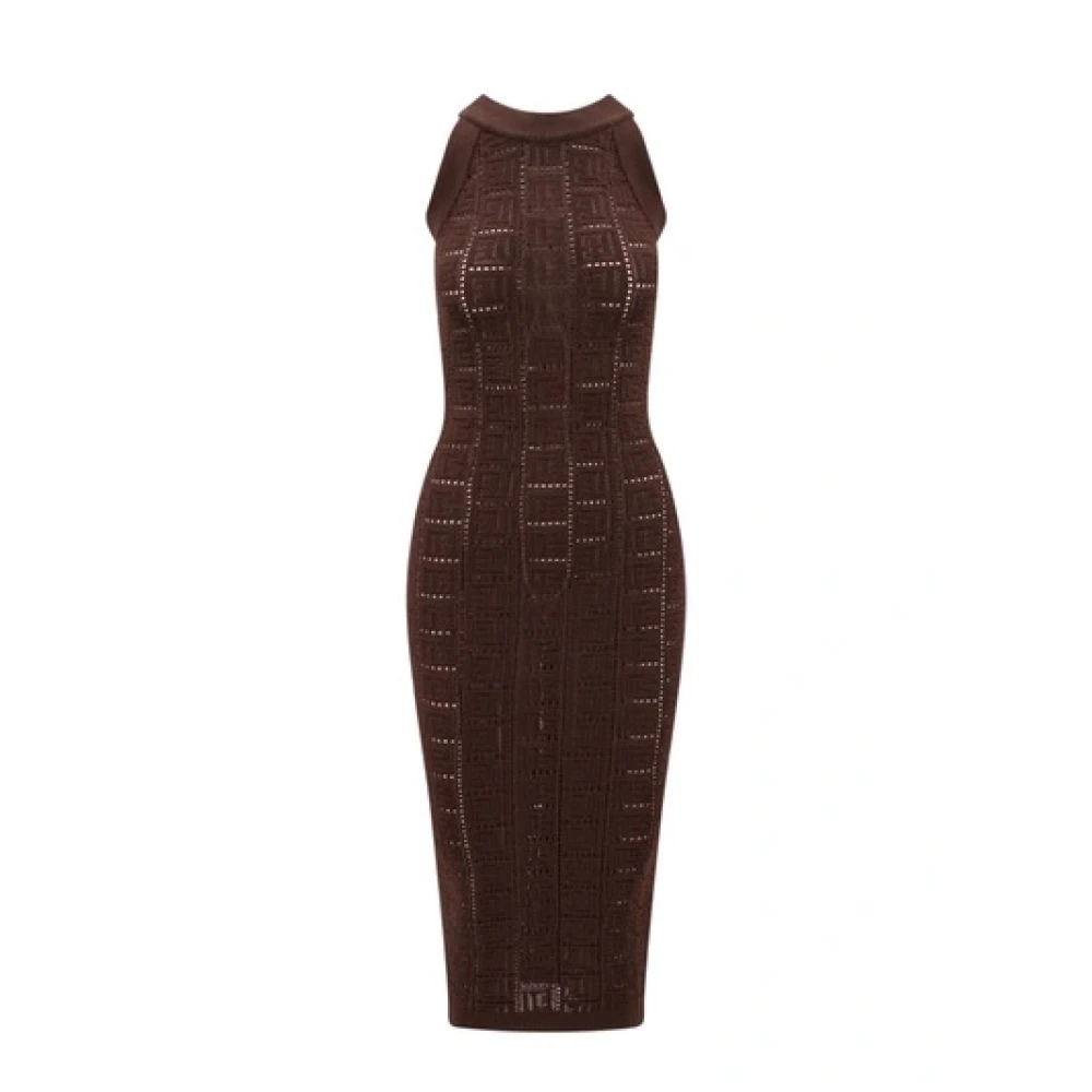 Balmain Monogram Gebreide Midi Jurk met Open Bewerking Brown Dames