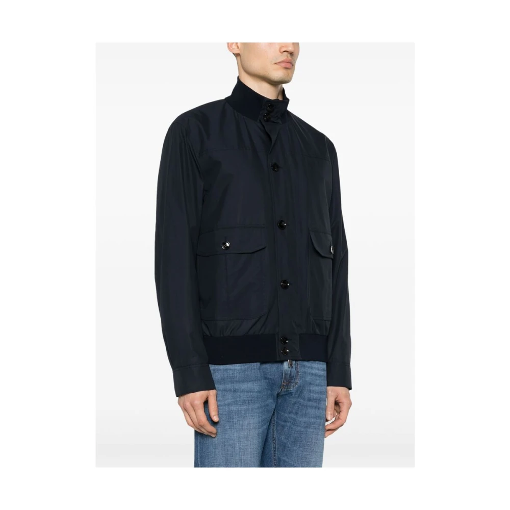 Brioni Navy Blue Zijden Opstaande Kraag Jas Blue Heren