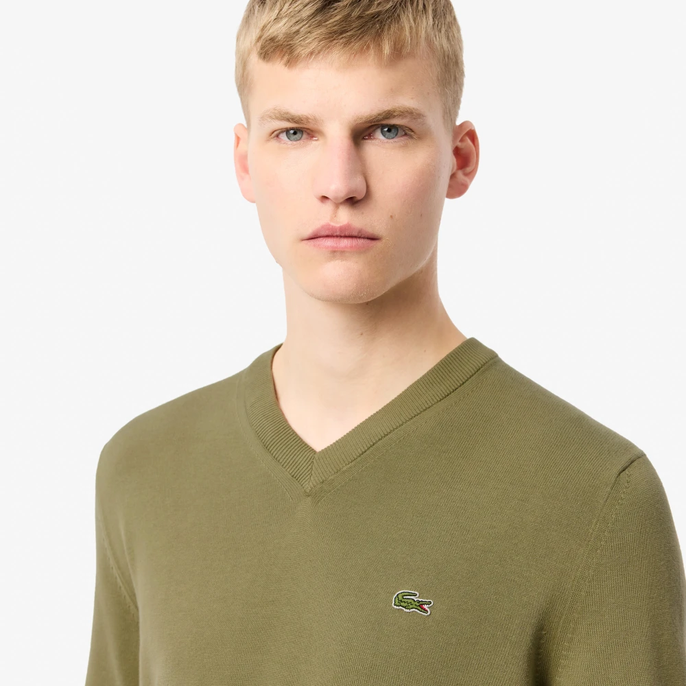Lacoste V-hals Katoenen Trui in Khaki Green Heren