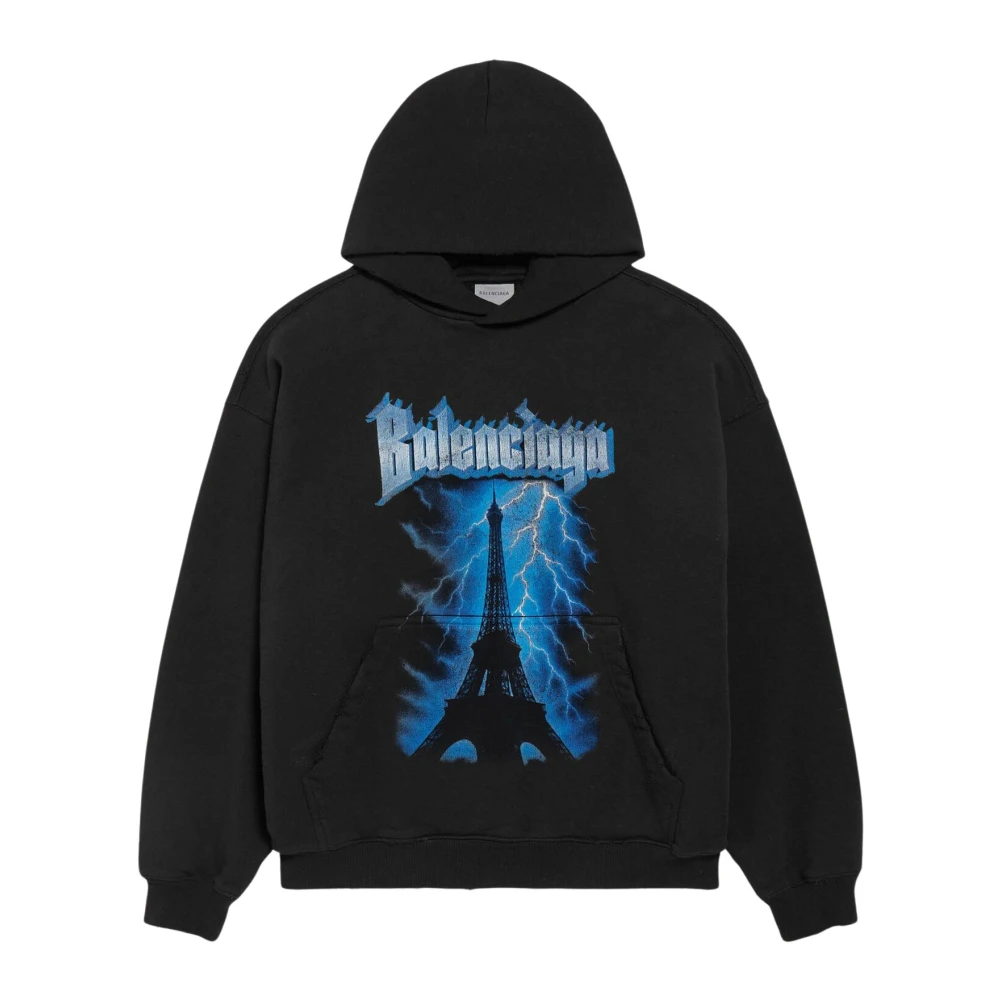 Balenciaga Men's Black Hoodies, Xl, Paris Thunderstorm Medium Fit Hoodie