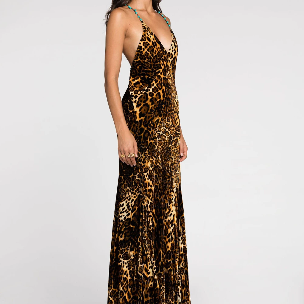Roberto Cavalli Luipaardprint Slipjurk met Gedrapeerd Sleep Brown Dames