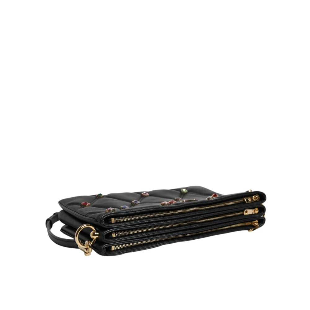 Dolce & Gabbana Kristal Logo Schoudertas Zwart Leer Black Dames