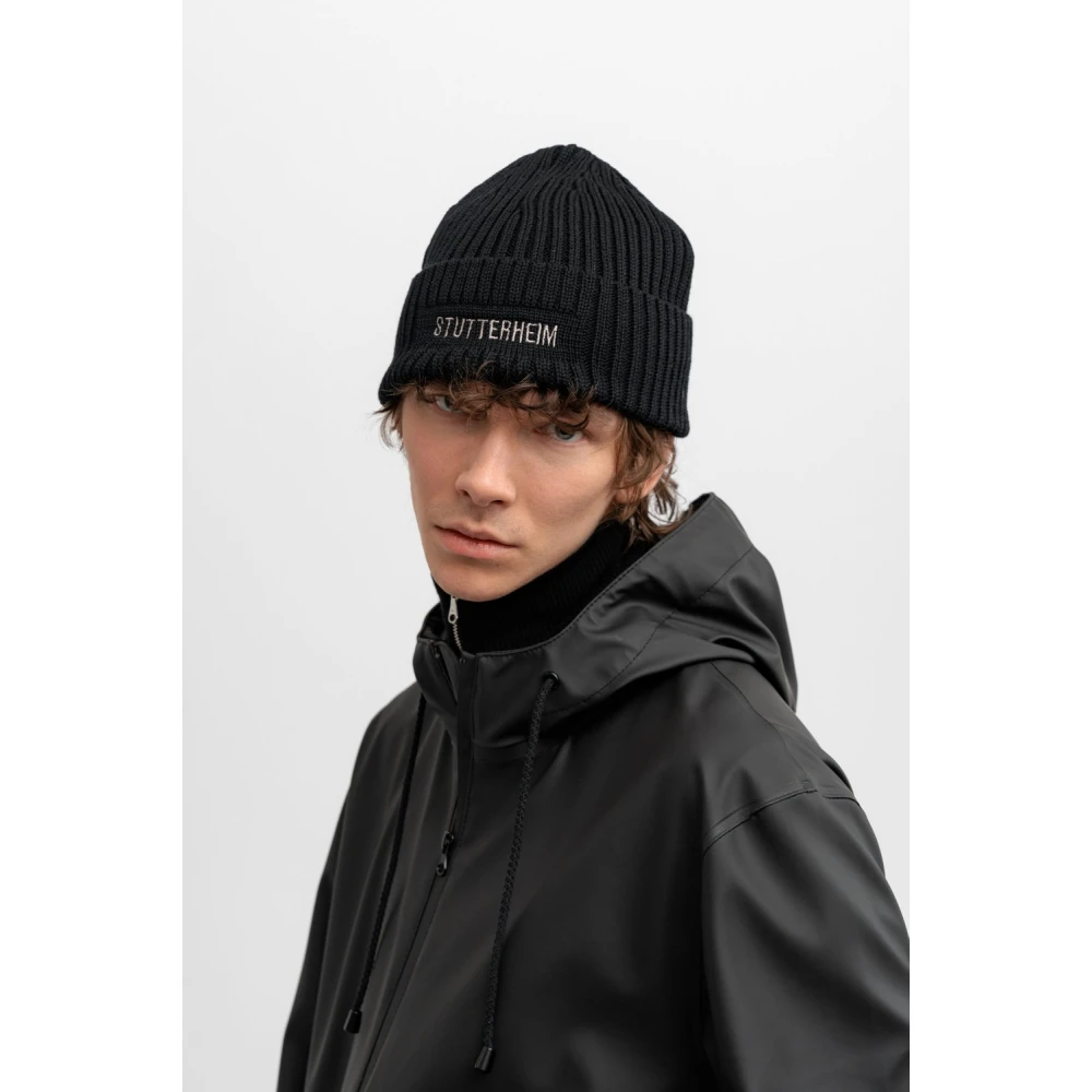Stutterheim Merino Wol Logo Beanie Muts Black Heren