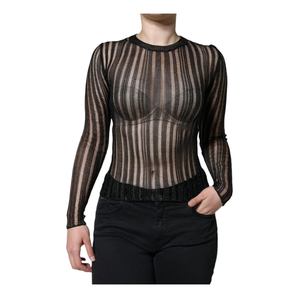 Dolce & Gabbana , Round-Neck Knitwear, Female, Black, S, Sheer Striped Long Sleeve Top