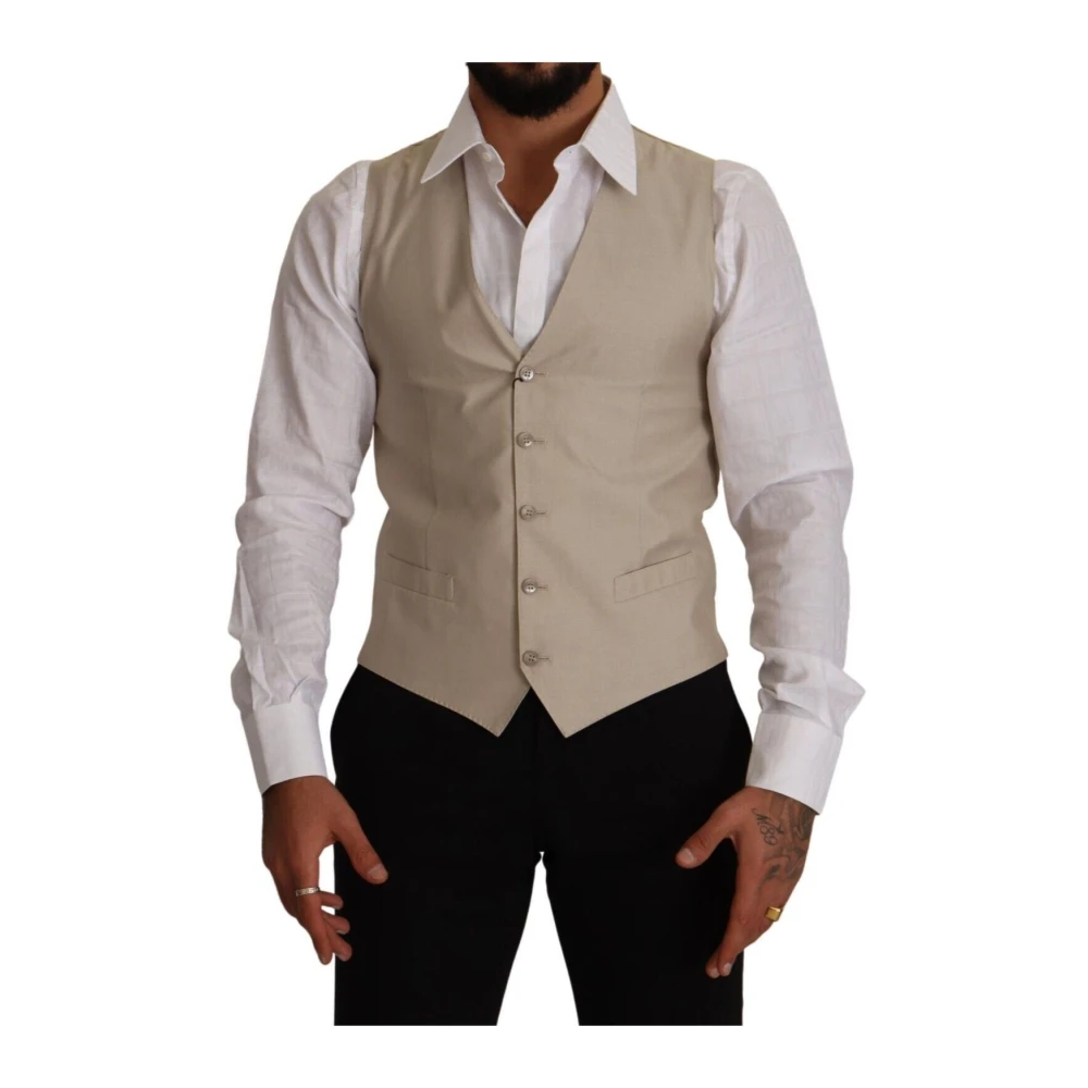 Dolce & Gabbana Beige Cotton Silk Slim Fit Waistcoat Vest - IT48 | M - Image 3