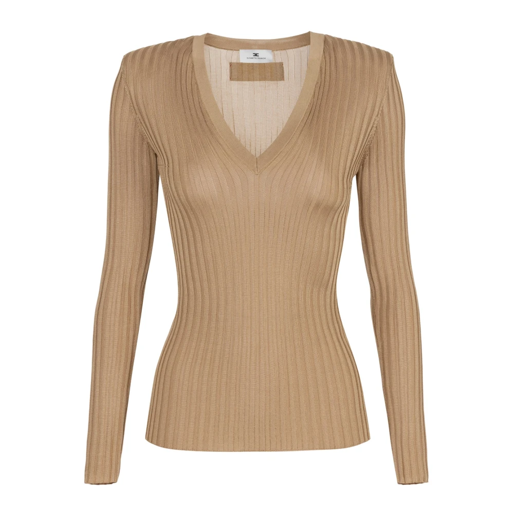 Elisabetta Franchi Geribbelde V-hals Sweater Bruin Brown Dames