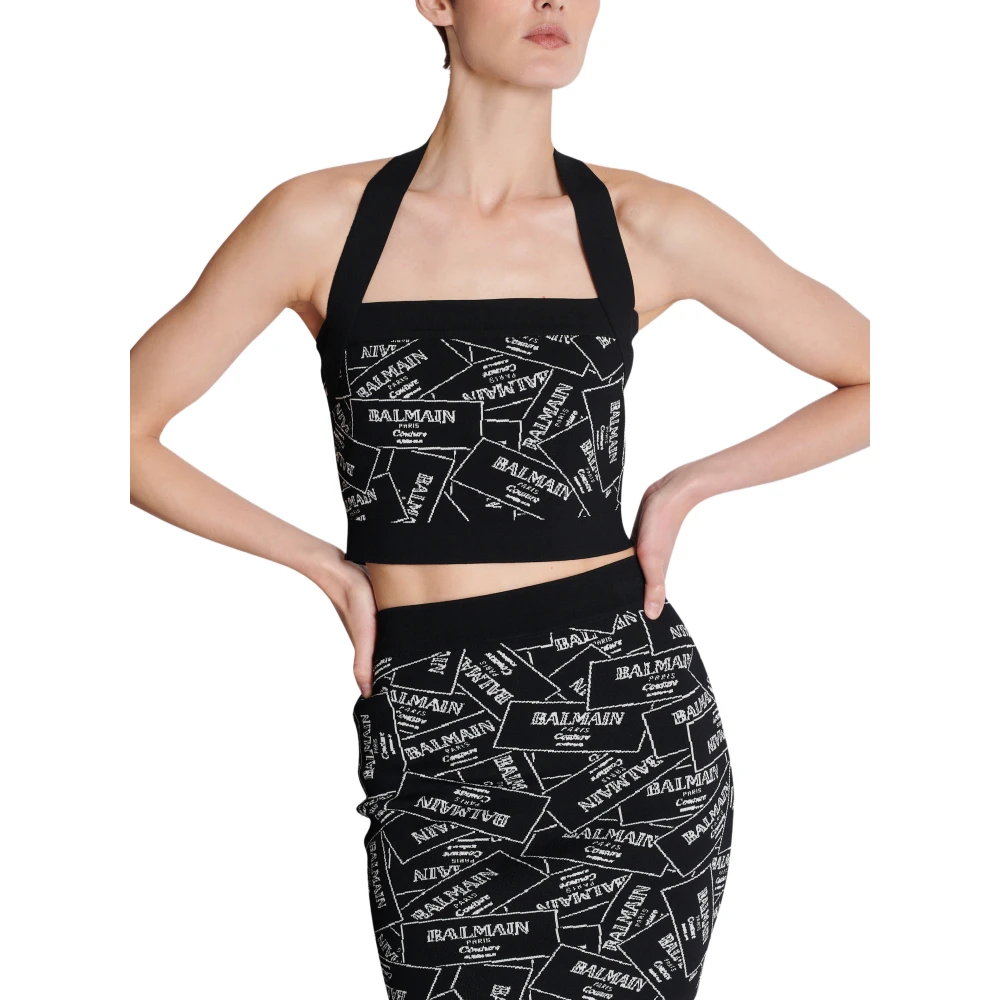 Balmain Gebreide halternek top met labelmotief Black Dames
