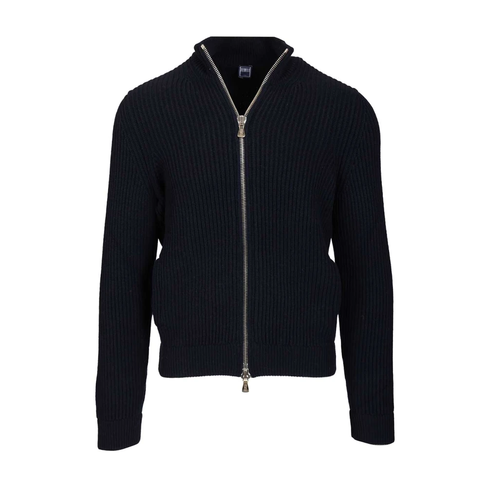 Fedeli Blue Ribbed Cashmere Zip-Up Cardigan - Male - Cashmere Knitwear - 3XL - Knitwear