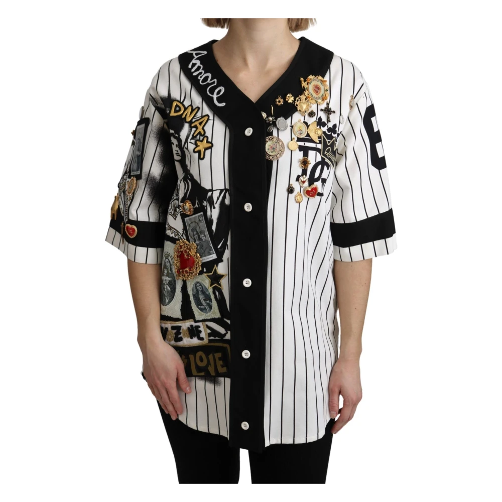Dolce & Gabbana Women's Striped V-Neck Blouse With Charm