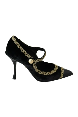 Svarta Mary Jane Pumps i Sammet med Prydnad