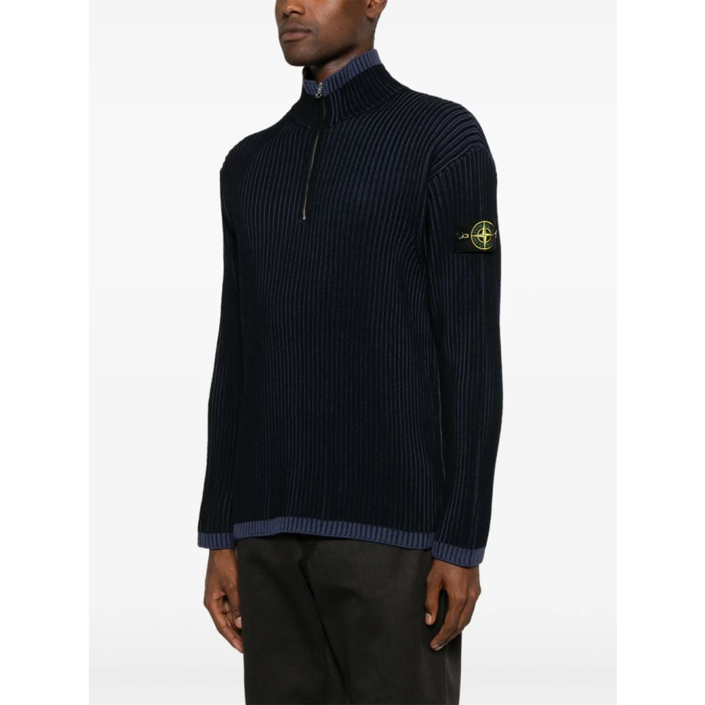 Stone Island Blauwe Ribgebreide Trui Met Opstaande Kraag Blue Heren