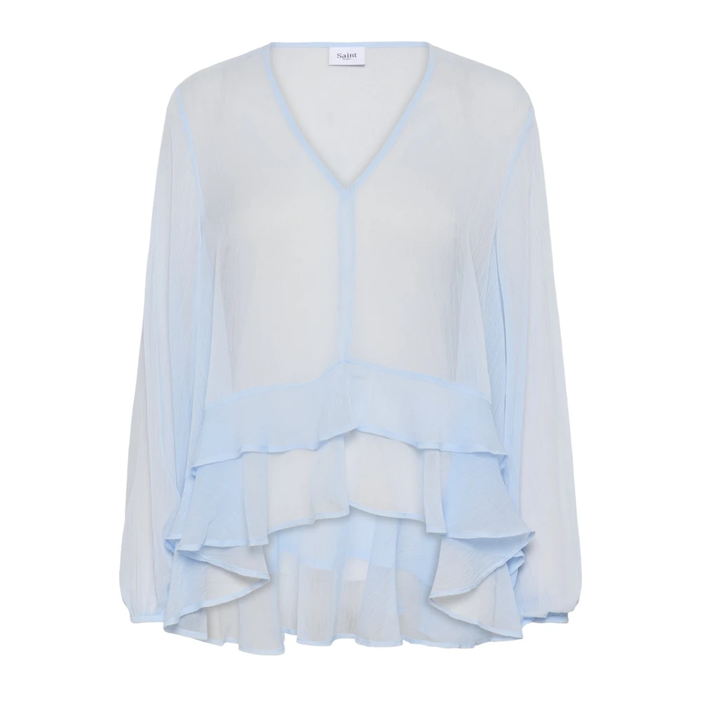 Saint Tropez Women's Blue Blouses, M, Cashmere Blouse With Ruffles