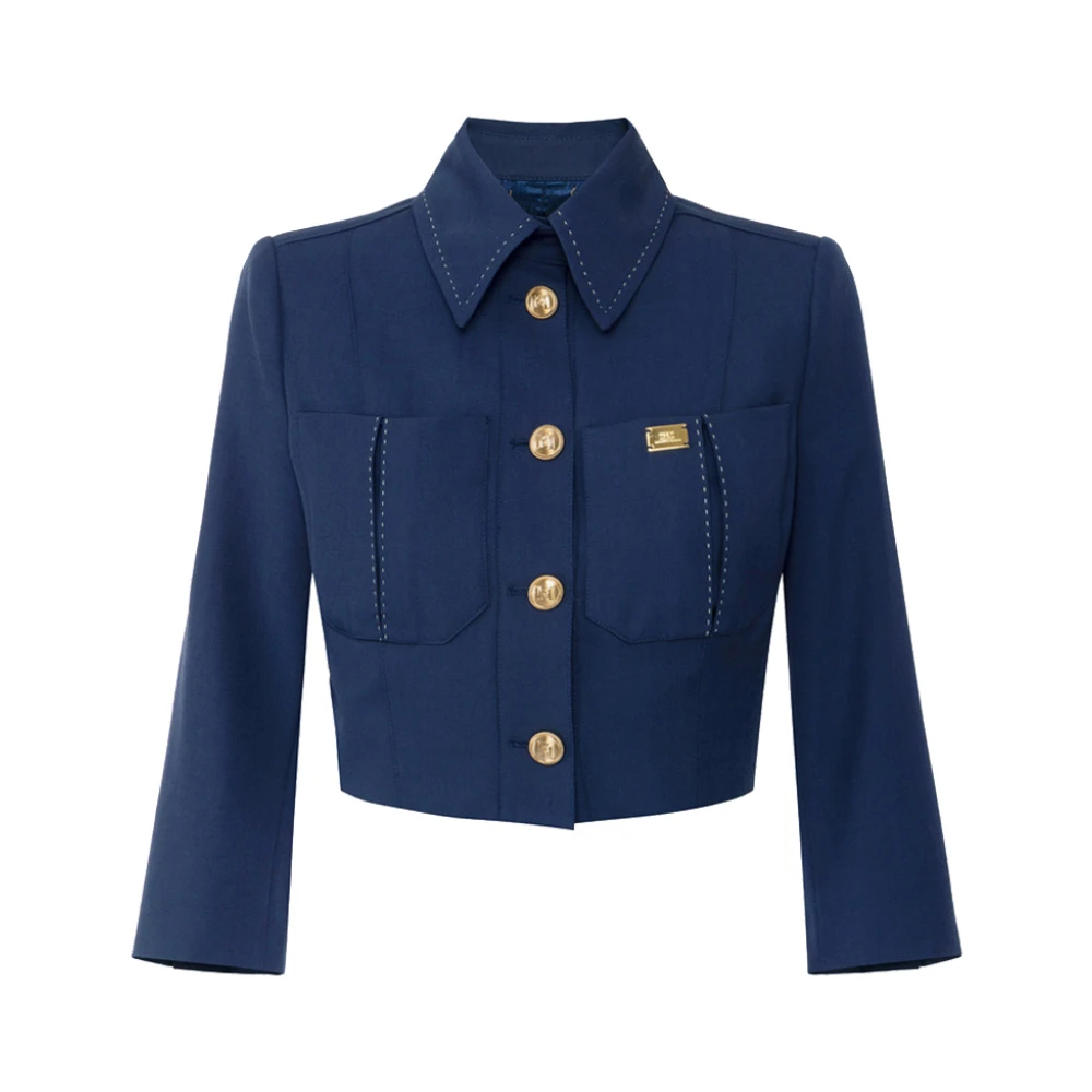 Elisabetta Franchi Blauwe Wol Cropped Jas Blue Dames