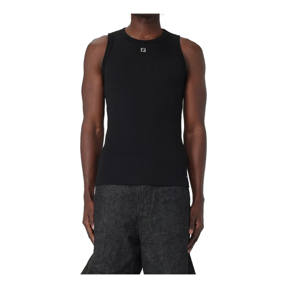 Fendi Geribbeld Logo Mouwloos T-shirt Black Heren