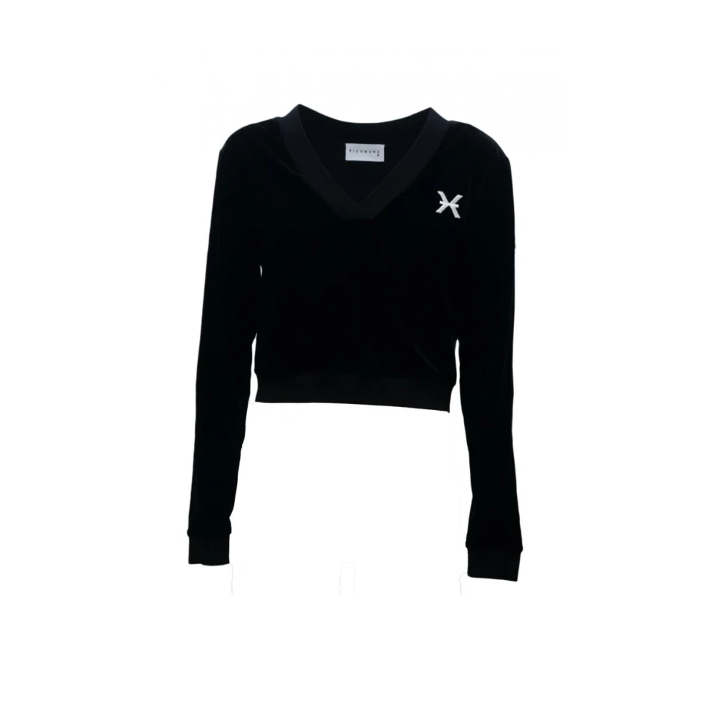 John Richmond Zwart Velvet V-Hals Sweatshirt met Geborduurd Logo Zwart Dames