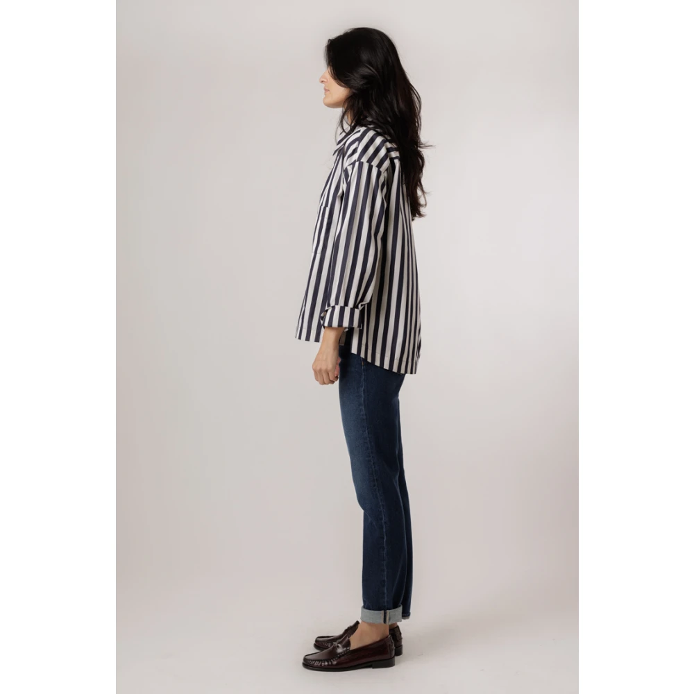 Odeeh Gestreepte Blouse met Borstzak Black Dames