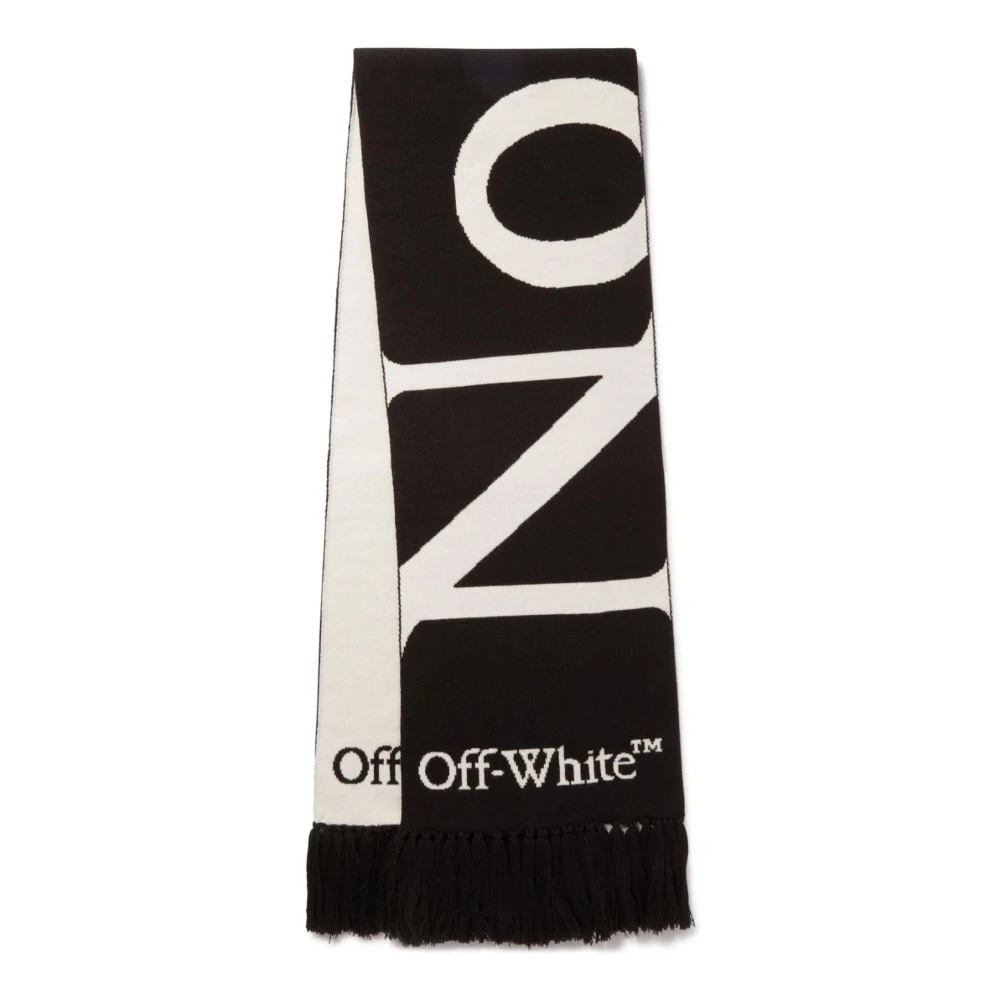 Off White Omkeerbare Zwarte en Witte Wollen Sjaal met Franje Black Heren