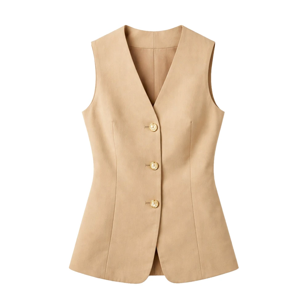 Gaudi Women's Beige Waistcoats, M, V-Neck Buttoned Long Vest