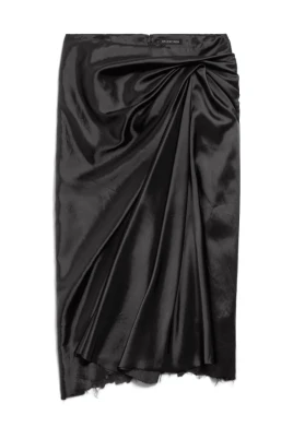 Svart Satin Draperad Midi Klänning