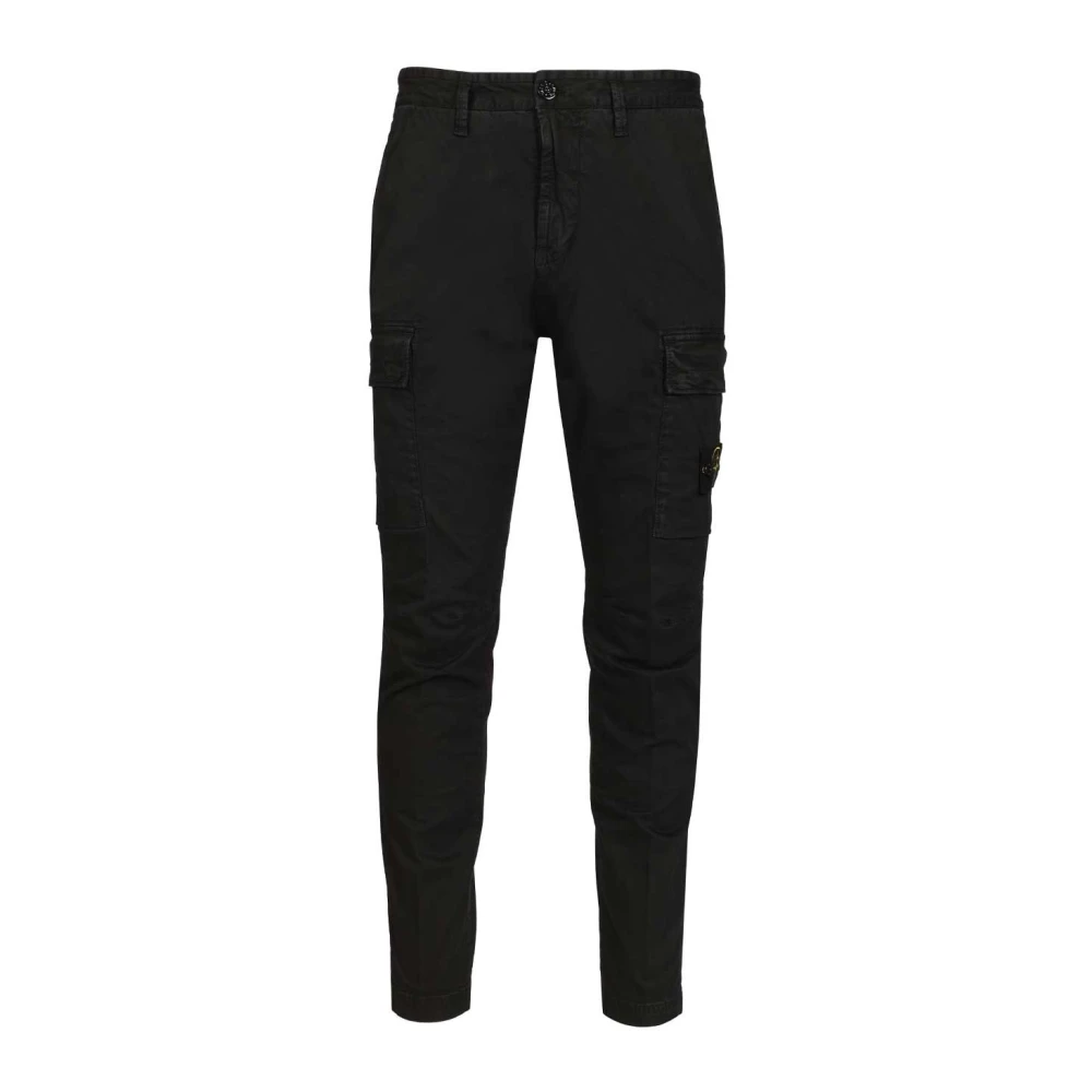 Stone Island Black Slim-Fit Trousers, Male, W33, Cotton Stretch Broken Twill 'Old' Effect Trousers