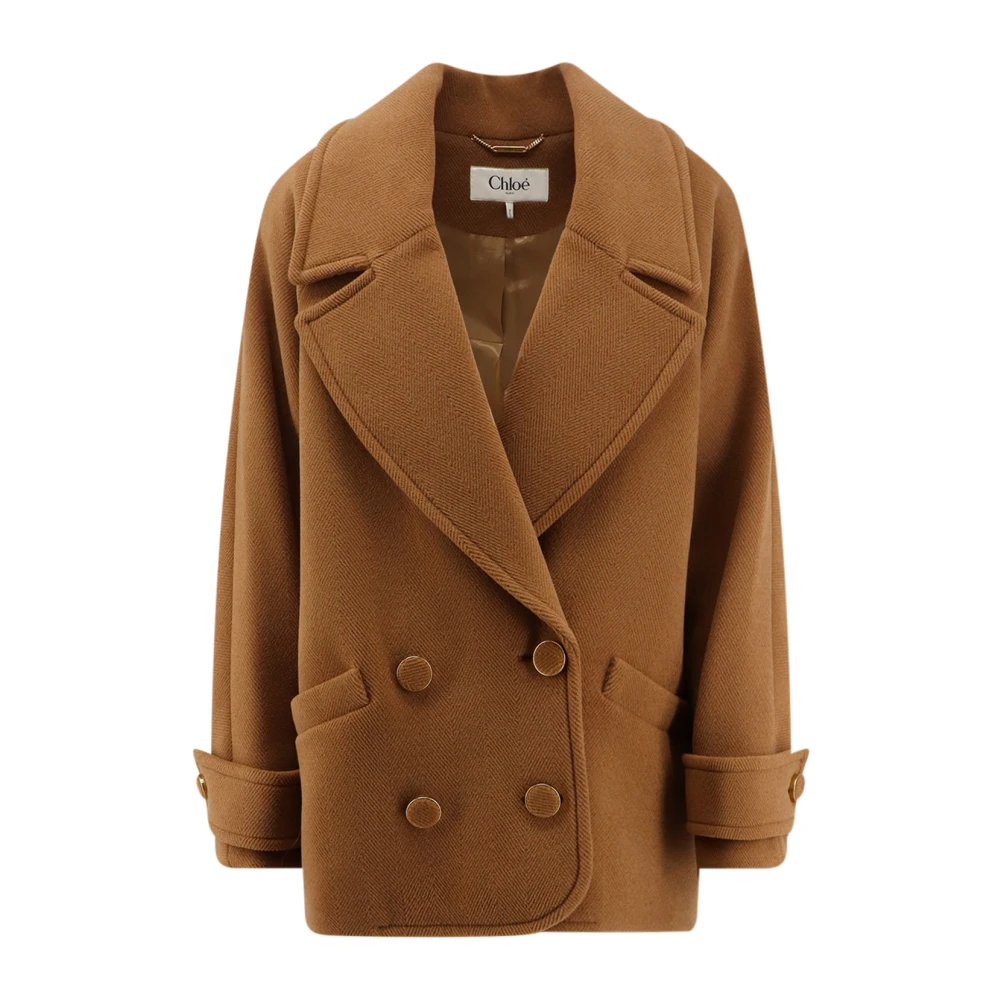 Chloé Brown Double-Breasted Coats, Female, Xs, Short Double-Breasted Herringbone Wool Coat