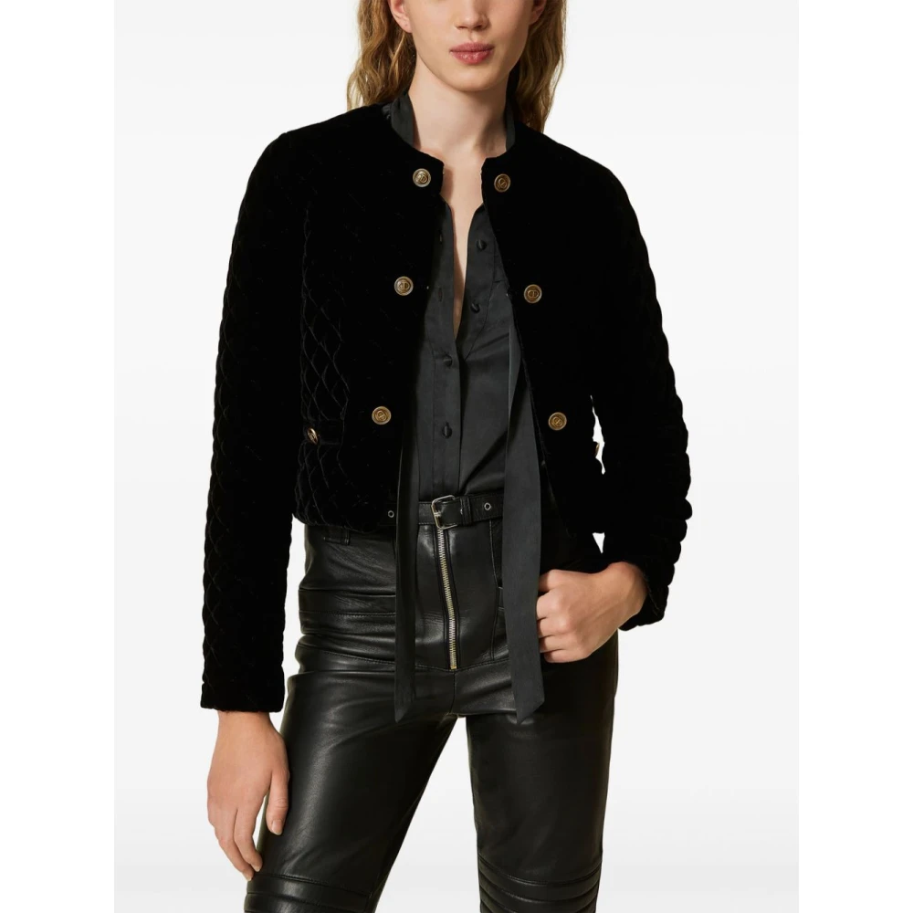 Twinset Gewatteerde Zwarte Jassen met Logoknopen Black Dames