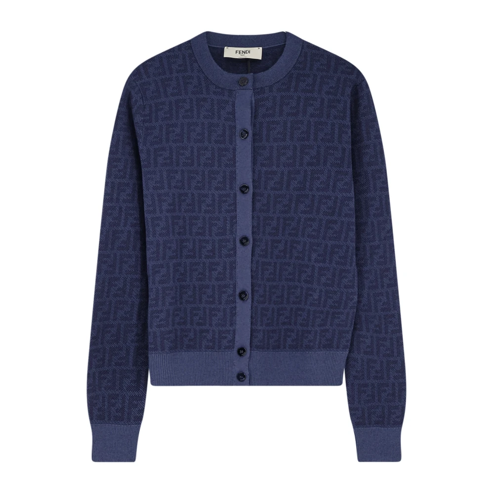 Fendi Women's Blue Cardigans, Xs, Button-Closure Ribbed Cardigan