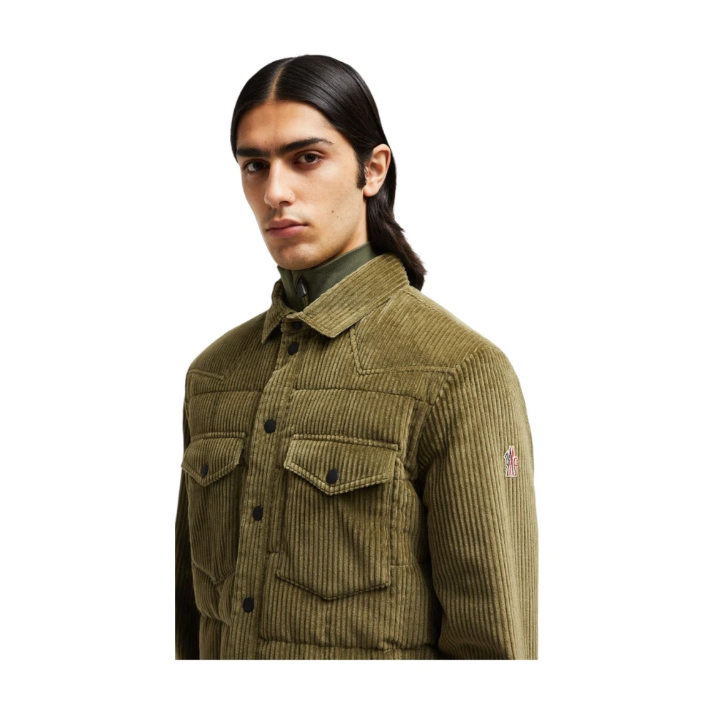 Moncler Olijfgroene Corduroy Down Shirt Jas Green Heren