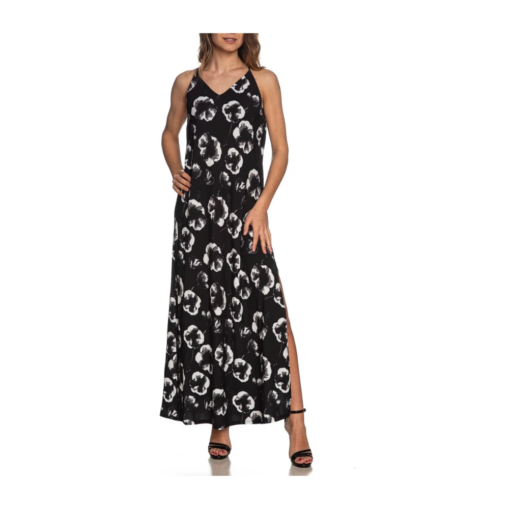 YES ZEE Zwart Bloemen Kruisrug Lange Jurk Black Dames