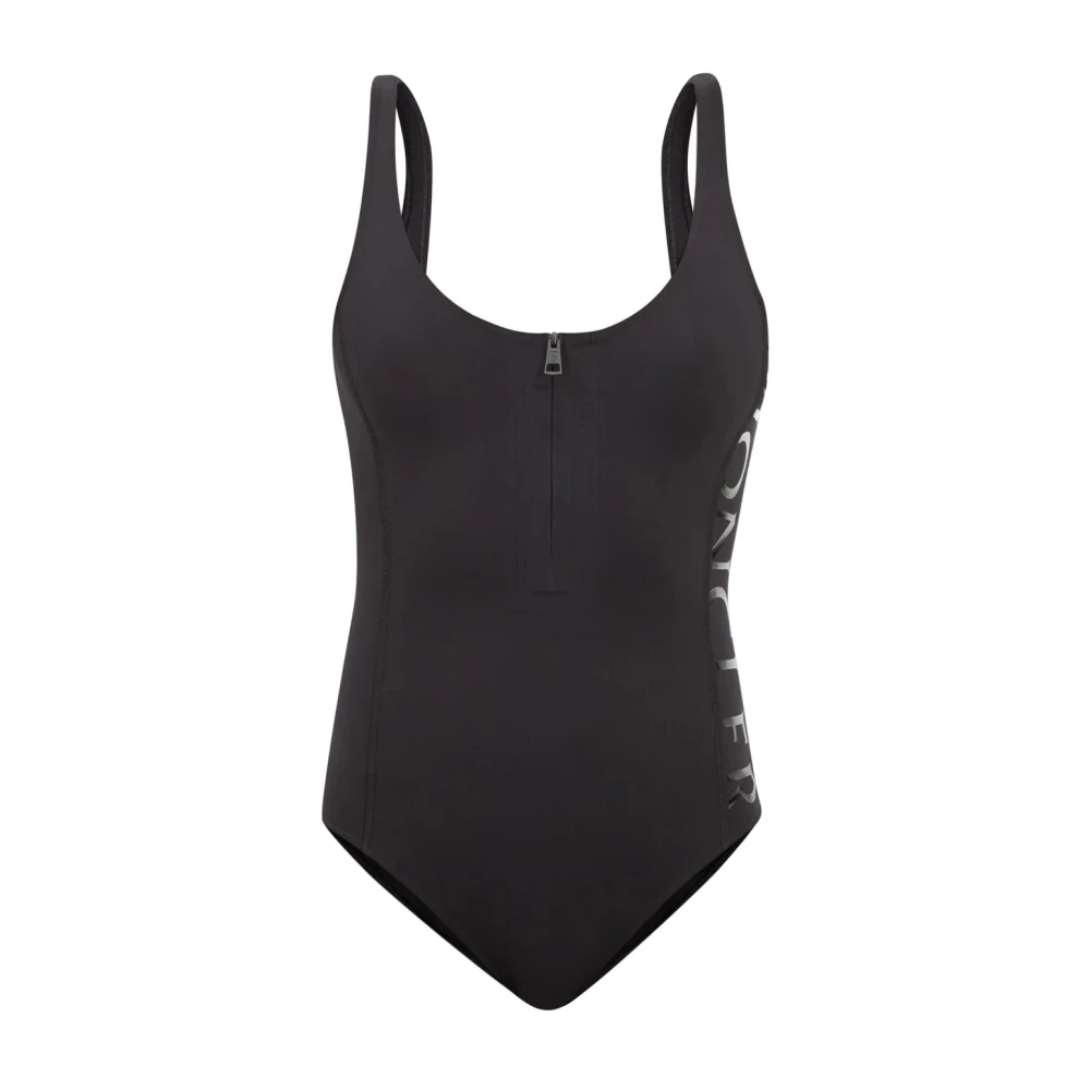 Moncler Black Swimsuits, Female, Xs, Logo Print Zip-Neck Swimsuit