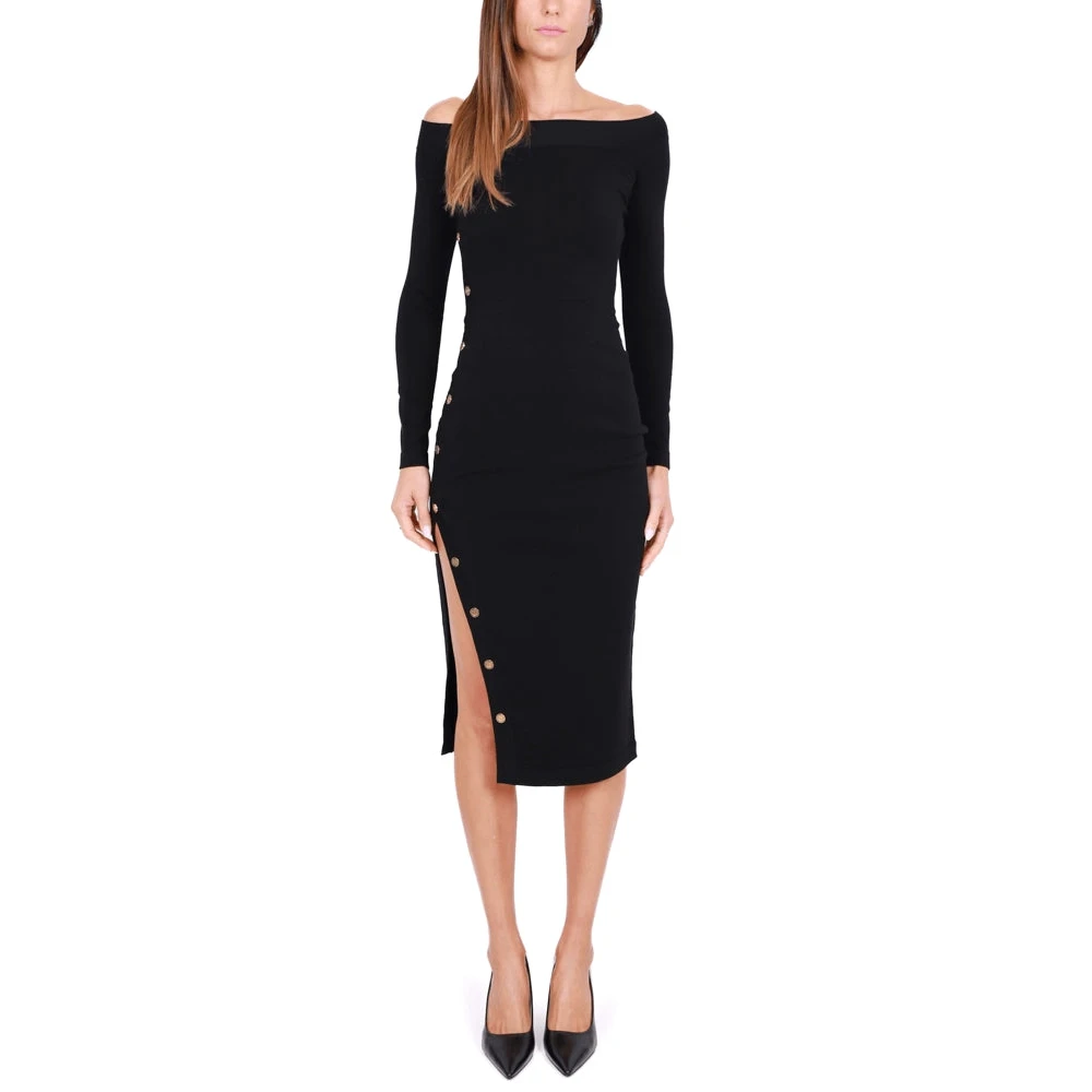 Elisabetta Franchi Zwarte Viscose Gebreide Midi Jurk Black Dames