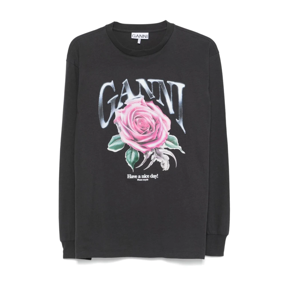 Ganni Roze Longsleeve Grafische Tee Black Dames