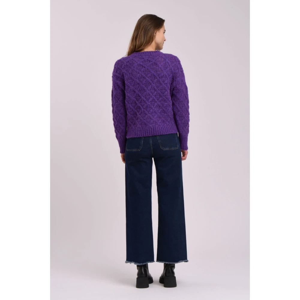 La Fée Maraboutée Paarse ronde hals trui met fantasiebreisel Purple Dames