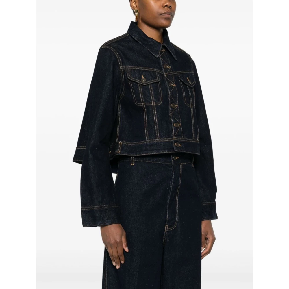 Victoria Beckham Blauwe Denim Korte Jas Contraststiksels Blue Dames
