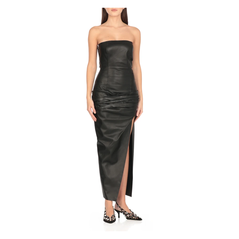 The Attico Zwarte Leren Jurk met Draperende Detail Black Dames