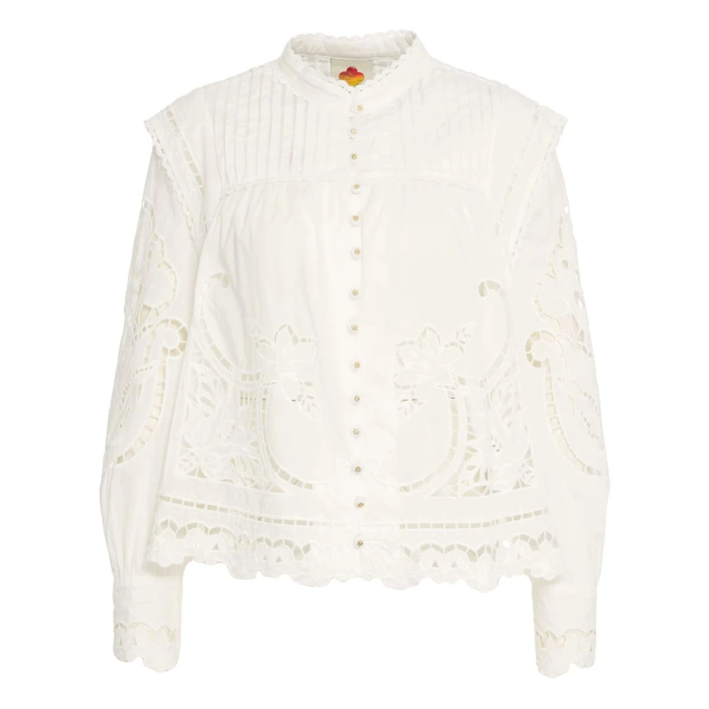 Farm Rio Women's White Blouses, S, Richelieu Puff Sleeve Blouse