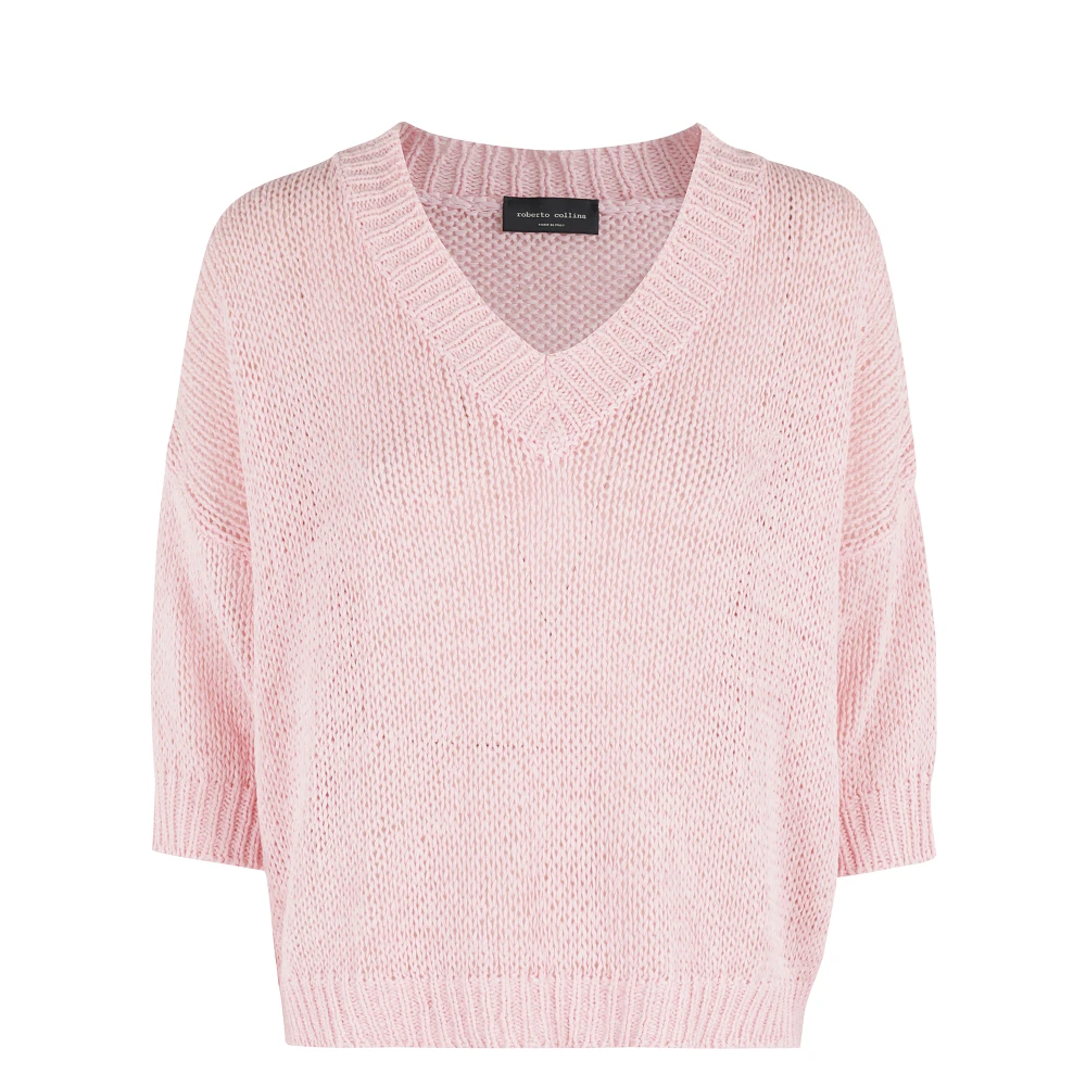 Roberto Collina V-hals Trui in Fijne Gebreide Pink Dames