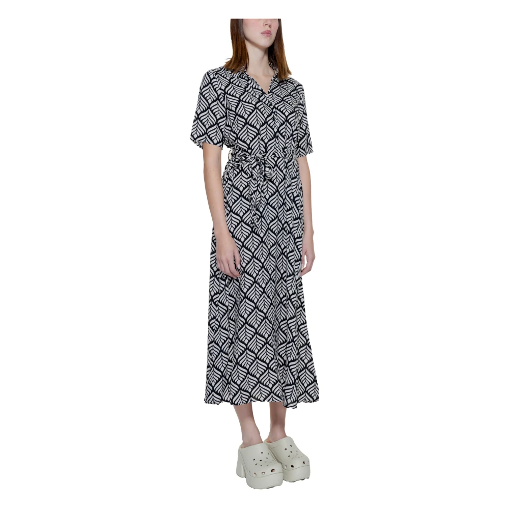 Jacqueline de Yong Beige Bedrukte Lange Mouw Jurk Black Dames