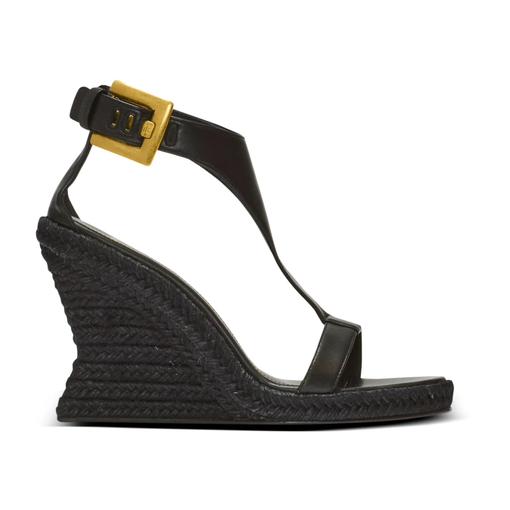Balmain Black Anthem Wedge Lambskin Espadrilles - Female - High Heel Sandals - 5 Uk - Shoes