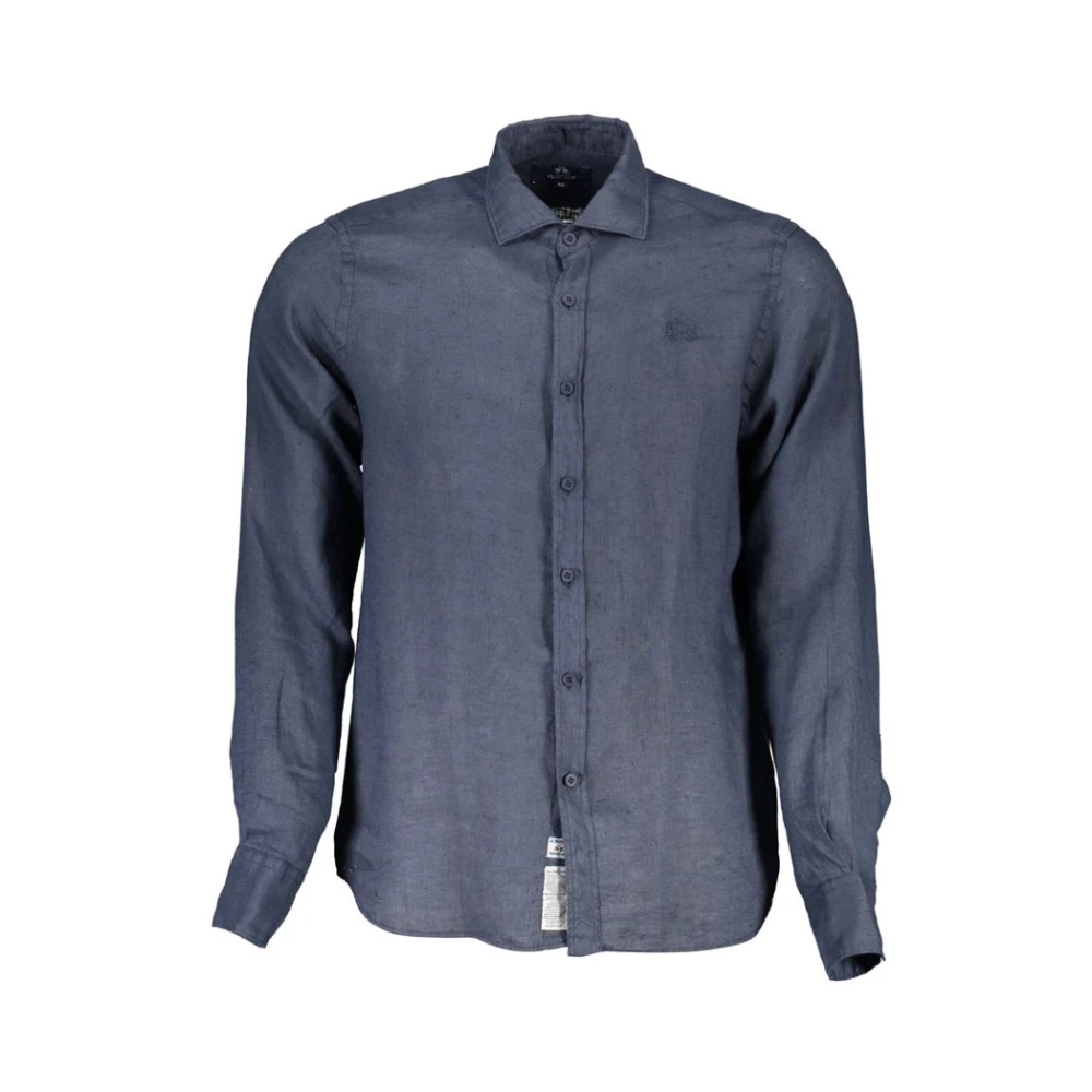 La Martina , Casual Shirts, Male, Blue, Xl, Blue Linen Men Shirt With French Collar