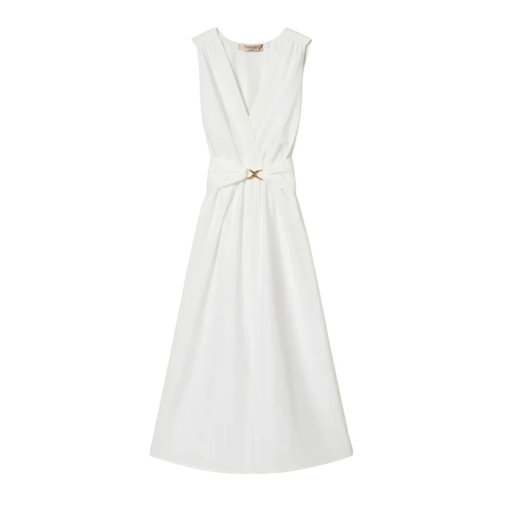 Twinset Women's White Midi Dresses, S, V-Neck Midi Dress