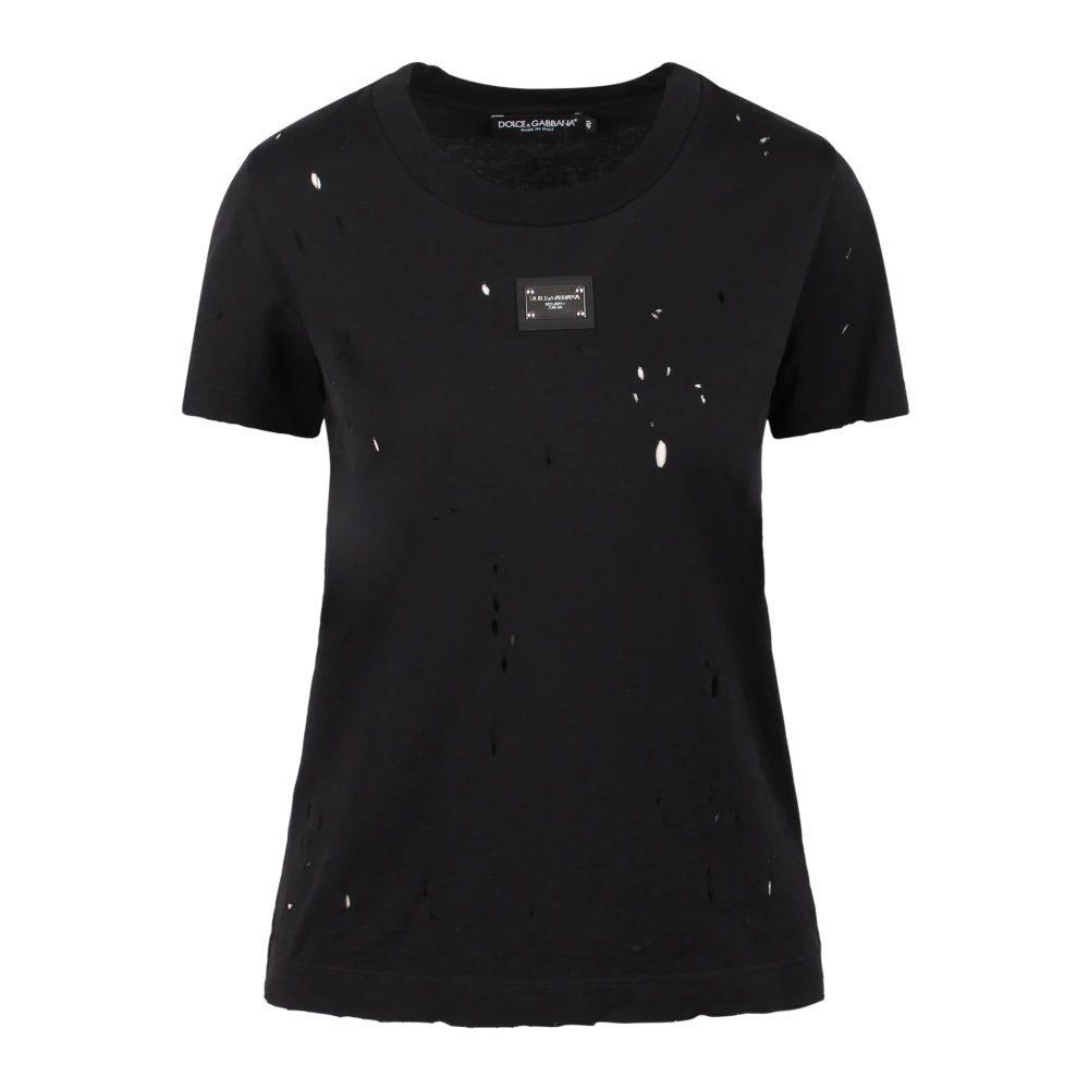 Dolce & Gabbana Logo-Plaque T-Shirt met Distressed-effect Black Dames